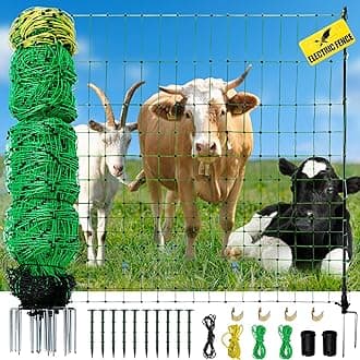 Electric Fence Netting, 164'L x 42.5" H Movable Livestock Nets for Sheep, Hogs, Cattle, PE Net Fencing Kit with 14 Posts Double Spiked, Electric Fencing for Backyards, Homesteaders, Farms Ranches