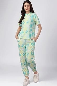 ELLITI Women's Night Suit Set for Women, Lounge Wear, Printed Top and Pyjama Set for Women Nightwear/Loungewear/Night Dress for Women Knitted Tie & Dye Printed Crop T-Shirt -Pyjama