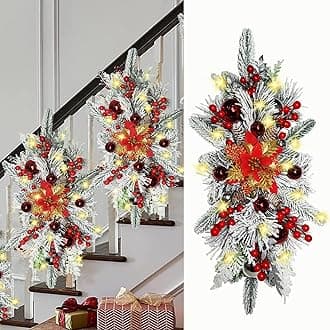 2024 Cordless Prelit Stairway Christmas Swag, 23.6 inch Christmas Swags Wreaths Garlands with Lights and Timer, Snow Pine Teardrop Swag Christmas Staircase Decorations for Front Door Wall Window Home