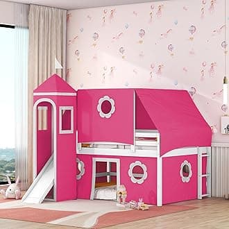 Merax Full Over Full Bunk Bed Frame with Slide Pink Tent and Tower,Castle Shape Wood Bunk for Boys and Girls,Pink