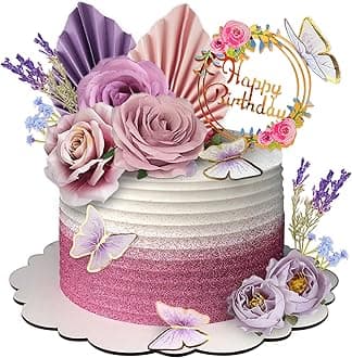 17 PCS Flower Cake Toppers Butterfly Cake Decorations Happy Birthday Cake Toppers with Artificial Purple and Pink Rose Eucalyptus for Birthday Party Wedding Baby Shower Supplies (Purple)