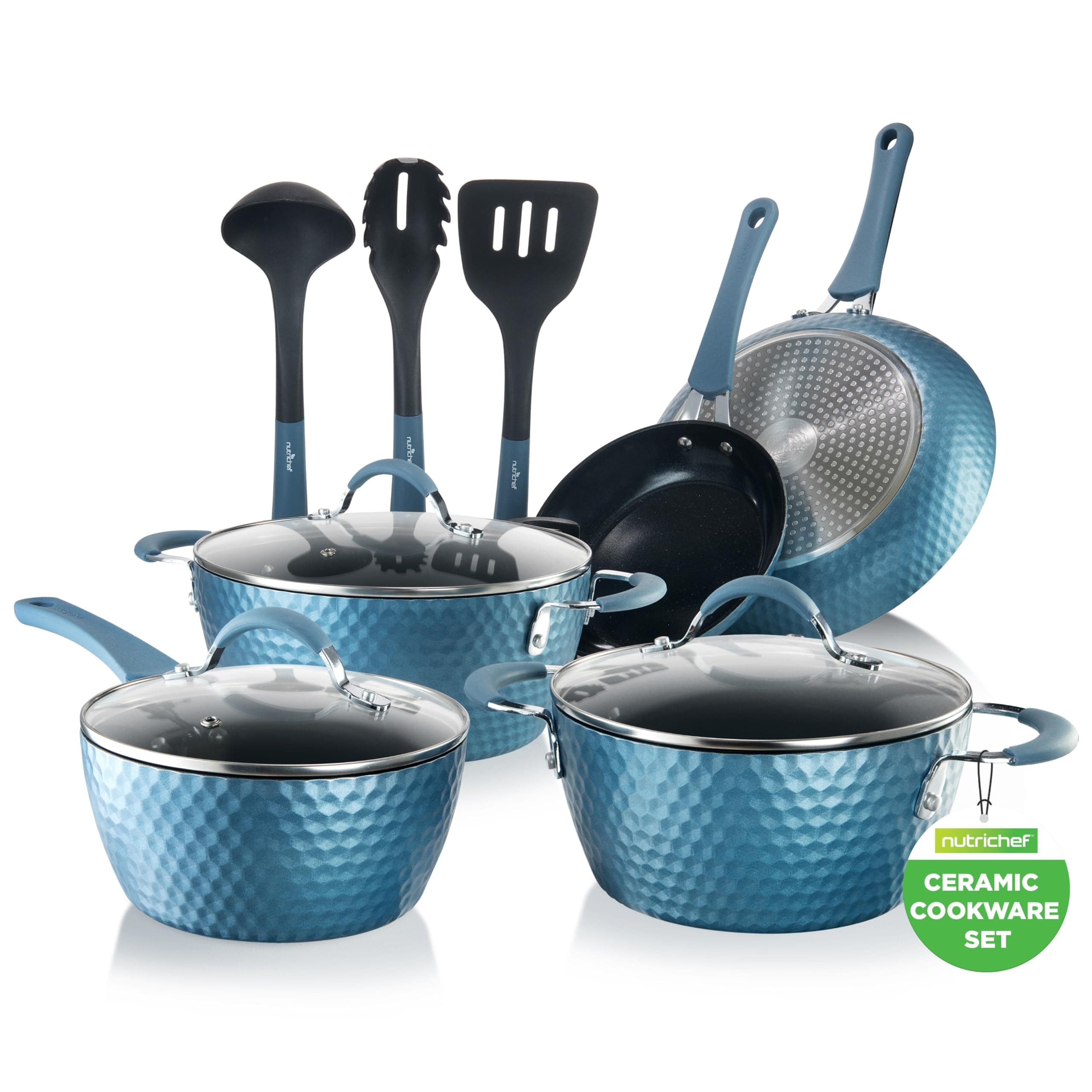 NutriChef 11 Pc Pots and Pans Set - Non Stick Cookware Set with Ceramic Coating, Ergonomic Handles, Induction Ready, Includes Saucepan, Dutch Oven, Large & Small Fry Pans - Royal Blue