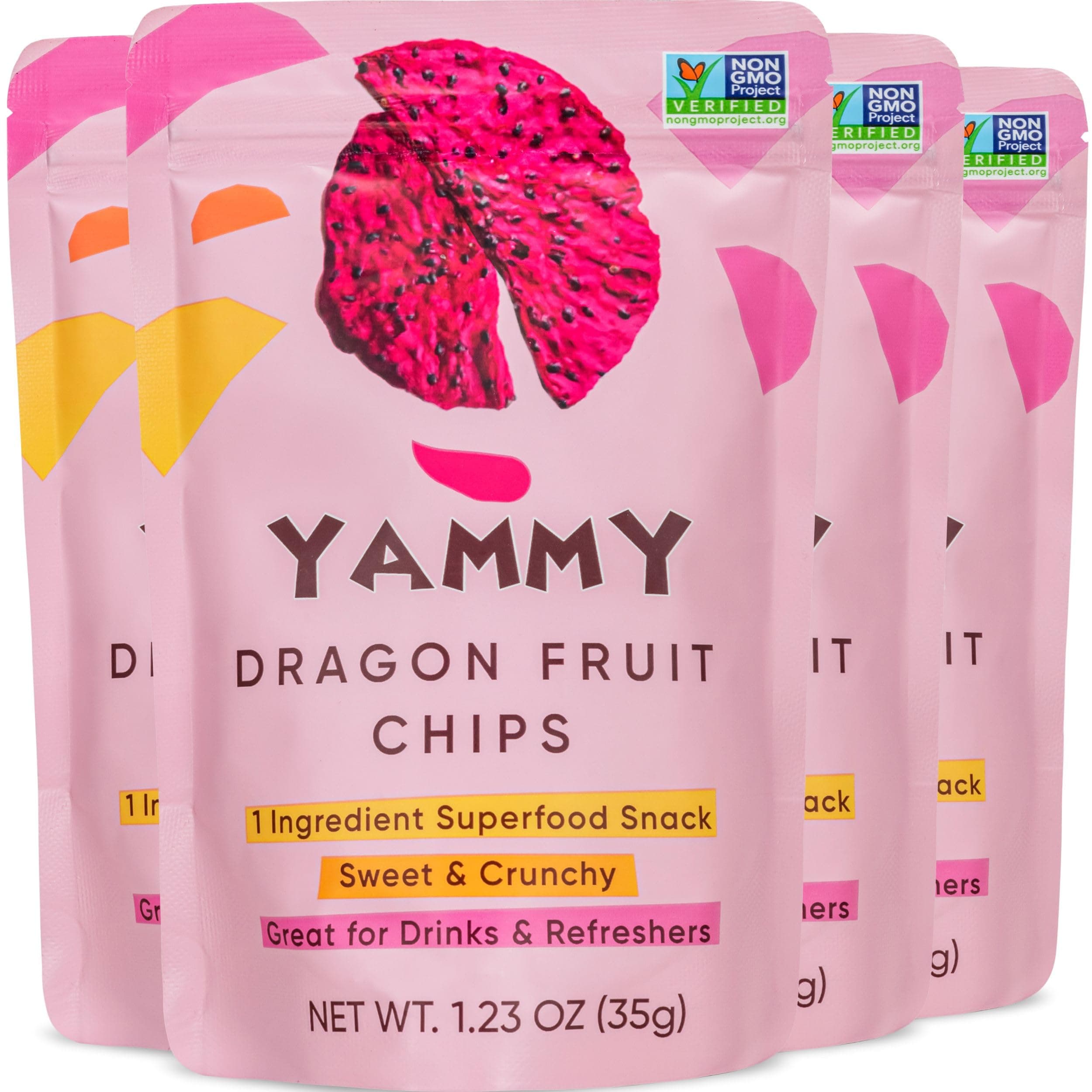 Yammy Dried Dragon Fruit Chips, for Drinks, Refreshers, 1 Ingredient Superfood Snack, Healthy, Crunchy Like Freeze Dried Dragonfruit Chunks, Dehydrated Red Pitaya Pieces, Gluten Free Vegan (Pack of 4)