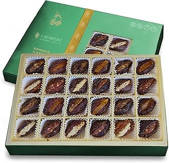 Laumiere Gourmet Fruits - Noor Collection [Ramadan Edition] - Rectangle (24 Pcs) - Halal Dried Fruits and Nuts Basket - Medjool Dates Box - Hamper - Ramzan Festive Celebrations - No Added Sugar
