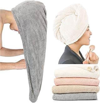 ROLSHOL Extra Large 4 Pack Microfiber Hair Towel Wrap for Women Super Absorbent & Quick Dry Hair Drying Towels with Button, Hair Turbans for Curly Hair Long & Short Hair - Anti-Frizz