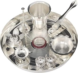 Pooja thali Set Silver Plated with 8 Inch Plate Glass Bowl Agarbatti Stand Palli Diya Kumkum Stand Coin Ghanti Puja Thali for Diwali Home Mandir Office Wedding Return Gift Items