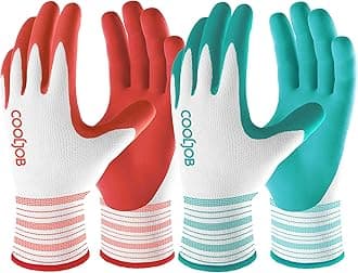 COOLJOB 2 Pairs Gardening Gloves for Women Ladies, Breathable Rubber Coated for Yard Garden, Outdoor Indoor Protective Work with Grip, Medium Size, Red & Green
