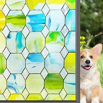 Mikomer 3D Stained Glass Window Film Etched Glass Door Film Hexagonal Mirror Design Decorative Window Privacy Cling Tints No Glue Anti UV for Home and Office,23.6x35.4 inches