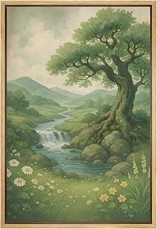 SIGNFORD Framed Canvas Print Wall Art Enchanted Tree and River Whimsical Forest Scene with Flowers and Waterfall Illustrations Modern Art Decorative for Living Room, Bedroom, Office - 16"x24" Natural