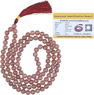 Certified Strawberry Quartz Crystal Japa Mala Saadi - 108 Beads Buddhist Prayer Beads - AAA Grade Original Healing Gemstone Agate Mala for Yoga Meditation Spiritual Reiki Feng Shui
