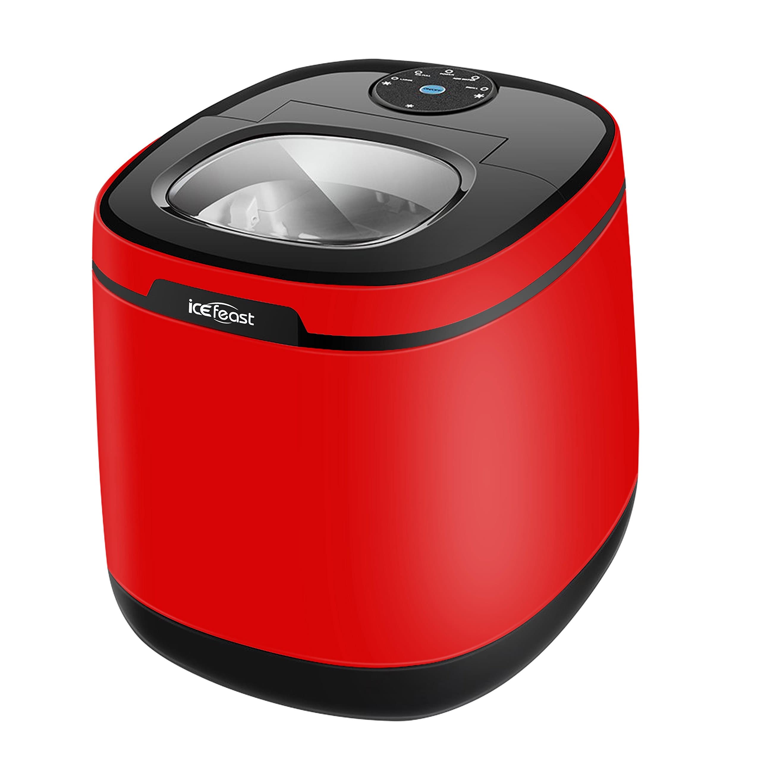 ICEFEAST Counter Top Ice Maker Machine-High Efficiency-Low Noise-Low Energy- 2 Cube Sizes-25KG Ice Per Day-No Plumbing-New Compact & Portable-Easy to clean-UK British Standard Plug 220-240V/50Hz(Red)