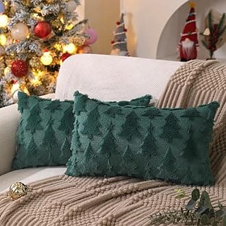 DFXSZ Christmas Tree Pillow Covers 12x20 inch Set of 2 Christmas Decoration Green Soft Plush Faux Fur Jacquard Throw Pillows for Bedroom Sofa Holiday Festivals Winter Home Decor X PTK009A12
