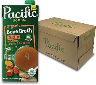 Organic Chicken Bone Broth With Ginger, Turmeric, and Black Pepper, 32 oz Carton (12 Pack)
