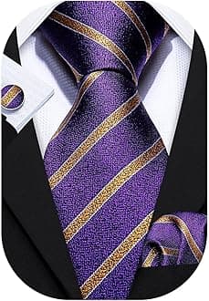 Barry.Wang Tie Sets for Men Silk Stripe Necktie Woven Checkered Handkerchief Cufflinks Formal Business Wedding