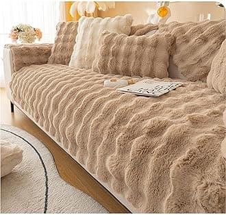 MERRYLIFE Thick Plush Faux Rabbit Fur Sofa Slipcovers 1-Piece Non-Slip Warm Soft Cozy Couch Covers Pillow Covers Furniture Protector(Coffee, Sofa Cushion 90 * 210cm)