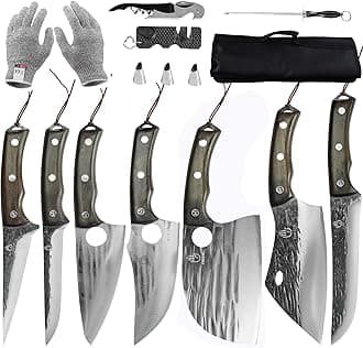 FULLHI 13pcs Butcher Chef Knife Set include sheath High Carbon Steel Cleaver Kitchen Knife Whole Tang Vegetable Cleaver Home BBQ Camping with Knife Bag