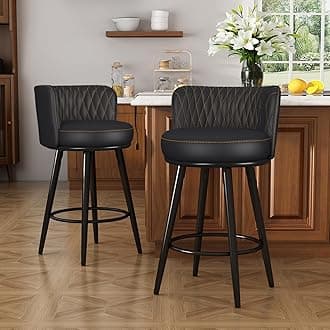 Bar Stools Set of 2, 27 Inch Barstools with Sturdy Legs, Leather Farmhouse Counter Height Bar Stool for Kitchen, Dining, Bar (Swivel, Black, Leather)
