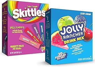 Jolly Rancher & Skittles Wild Berry Drink Mix Variety Pack – 60 Singles to Go Water Flavoring Sticks – Zero Sugar, Low Calorie Powdered Drink Mix – Cherry, Blue Raspberry, Raspberry & More