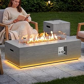 42" Propane Fire Pit Table with LED Light 50,000 BTU Outdoor Fireplace Table Includes Wind Guard, Lid, Rocks & Cover - Gas Firepit Table, Chimenea para Patio (Light Grey/Golden Light, 42" LED)