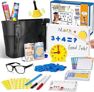 Pretend Play Teacher Set - Classroom Learning Education Includes Reusable White Board Bell Clock and More, Be Teacher Student, Gift for Boys Girls 5 6 7 8 9 10 11 12 +Years Old