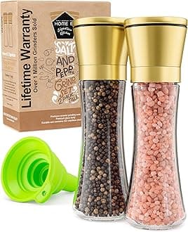 Original Gold Salt and Pepper Grinder Set of 2 - Adjustable Ceramic Grinder - Tall Glass Salt and Pepper Shakers With Funnel and Ebook - Kitchen Spice Mill - Gold Kitchen Accessories