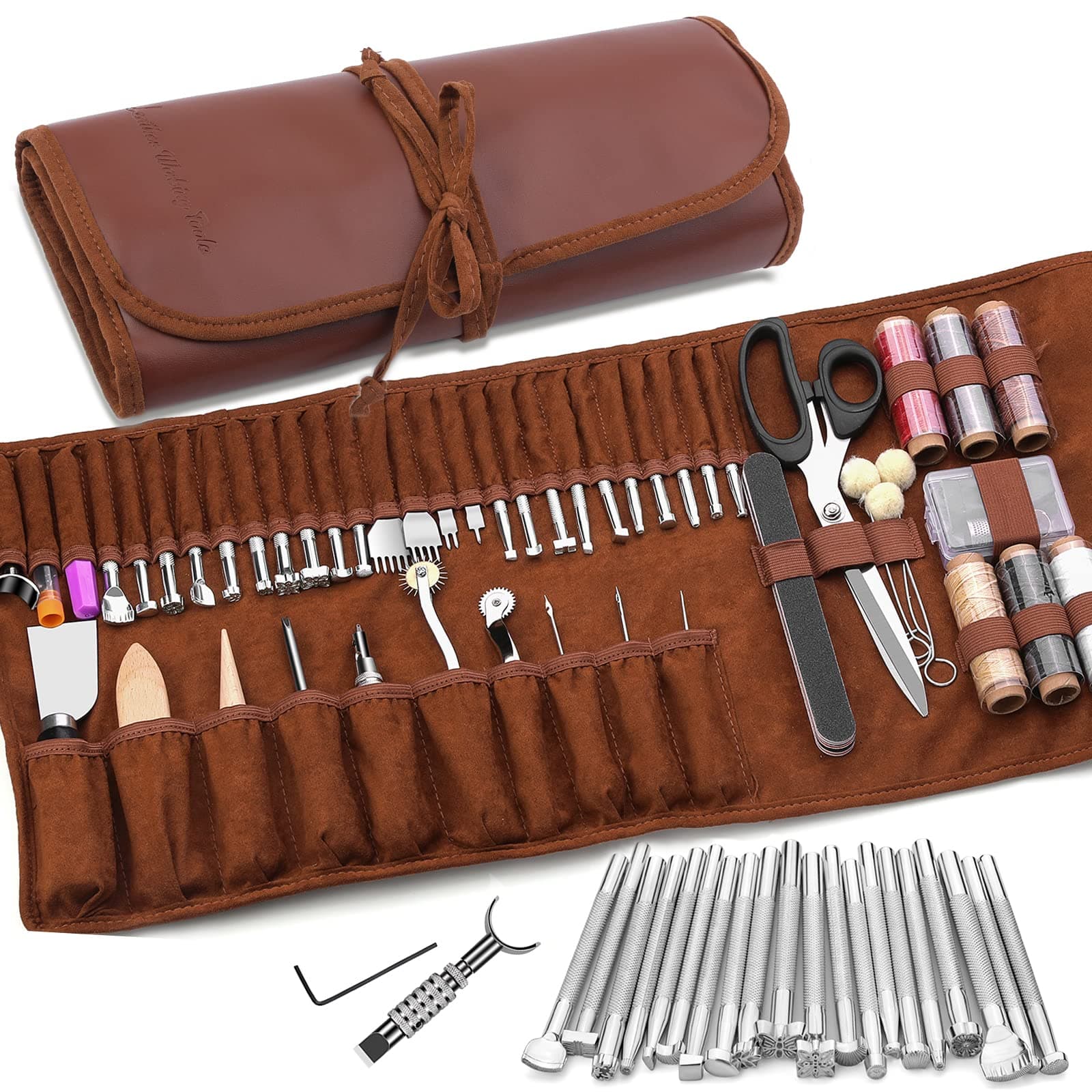 TLKKUE Leather Working Tools Leather Craft Tools for Carving Stamping Sewing Punching Cutting with Custom Storage Bag Professional Tooling Kit for Crafting, Repair & DIY Projects