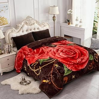 JYKKorean Mink Blanket for King Size Bed 83" x 91", 5.7 LB - 2 Ply Reversible 520GSM Silky Soft Plush Warm Fleece Blanket for Autumn Winter, Red Rose/Brown