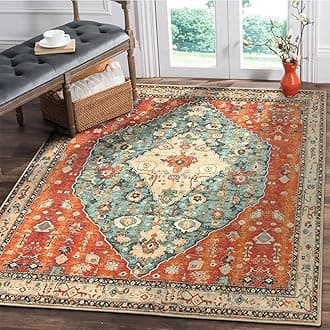 Lahome Boho Tribal Square 4x4 Washable Rug, Soft Living Room Kitchen Entry Rugs with Rubber Backing, Oriental Non-Slip Indoor Throw Bedroom Carpet for Nursery Office (Rust/Dull Teal,4x4ft)