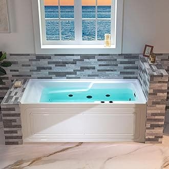 60" Alcove Acrylic Rectangular Whirlpool Heated Jetted Tub in White with Right Drain, Matte Black pop-up Drain Included BM6030R