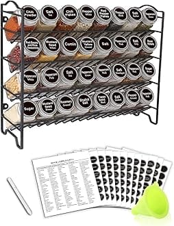 SWOMMOLY Spice Rack Organizer with 32 Glass Spice Jars, 396 Spice Labels, Chalk Marker and Funnel Complete Set, for Cabinet, Countertop, Cupboard or Wall Mount, Black