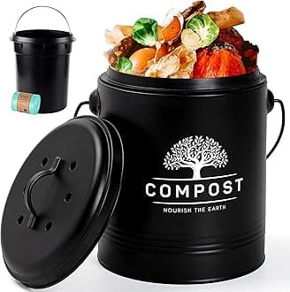 Perfnique Kitchen Compost Bin, 1.3 Gallon Countertop Compost Bin with Lid, Indoor Compost Bucket Includes Inner Bucket Liner and Carbon Filter, Small Compost Bin with Trash Bags (with Bags, Black)