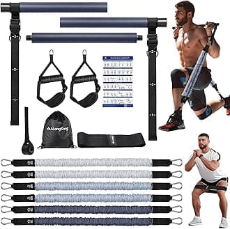 ALongSong Resistance Band Set Men with Handle Bar & At home Pilates Bar Workout Equipment, 6 Exercise Bands 50-360LBS Optional & Door Anchor For Home Gym Fitness Equipment