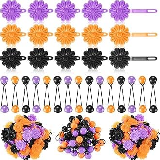 Jutom 72 Pcs Hair Clips and Ball Ties Set for Girls, Self Hinge Hair Barrettes, Bubble Hair Accessories, 80s 90s Bow Flower Hair Tie, Plastic Hair Clips for Baby Girls Toddlers (Orange, Black, Clear)