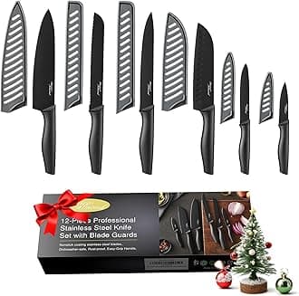 Kitchen Knife Set, KYA38 12-Piece Kitchen Knives Set with Covers, Marco Almond® 6 Knives with 6 Blade Guards, Stainless Steel Cooking Knives Set for Kitchen, Black