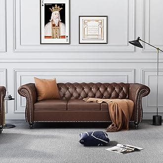 Chesterfield Sofa Leather, Modern PU Tufted Couch 3 Seater with Rolled Arms and Nailhead for Living Room, Bedroom, Office, Apartment (Dark Brown)