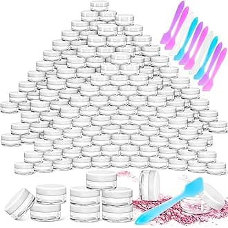 MotBach 100 Pack 5g Plastic Jars with Lids, 5ml Round Clear Cosmetic Containers Makeup Jars, 5gram Travel Size Container Jar with Spatulas for Makeup Sample Lotion Cream Ointment Salve Balm Powder