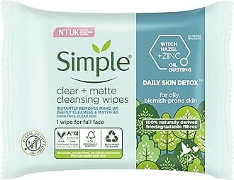 Simple Daily Skin Detox Clear + Matte Biodegradable Wipes with vitamin B3 cleansing make-up remover for oily skin 20 wipes