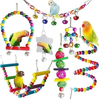 7 Pcs Bird Budgie Toys, ESRISE Hanging Bell Parrot Cage Swing Climbing Ladders Wooden Perch Chewing Toy for Conures, Love Birds, Small Parakeets, Cockatiels (Muliti-B)