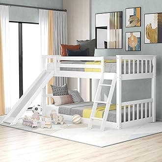 Bellemave Twin Over Twin Low Bunk Bed with Slide and Ladder, Low Bunk Bed for Kids, Girls, Boys, Floor bunk Bed, White