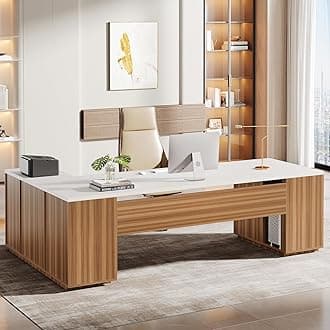 Tribesigns 85.8-Inch L-Shaped Executive Desk, Extra Large Modern Office Desk with File Drawers, Door Cabinet & Shelves, Commercial Office Table, Home Business Workstation, White & Brown