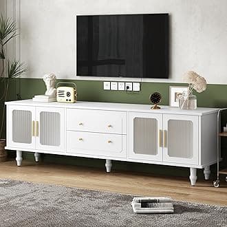 Merax Retro Design TV Stand with Fluted Glass Doors and 2 Drawers and Cabinets for Televisions Up to 78'', Practical Media Console, Elegant Entertainment Center for Living Room, White