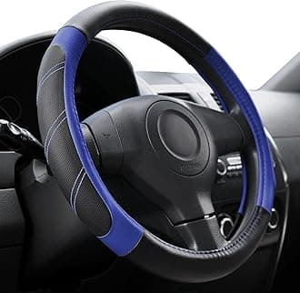 Elantrip Steering Wheel Cover Leather 14 1/2 to 15 inch Universal Padded Soft Grip Breathable for Car Truck SUV Jeep Anti Slip Blue and Black