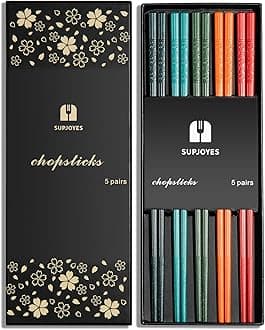 SUPJOYES 5 Pairs Fiberglass Chopsticks - Multicolor Reusable Chopsticks Dishwasher Safe, Japanese Chinese Chop Sticks with Cherry Blossom Pattern, 9 1/2 Inches