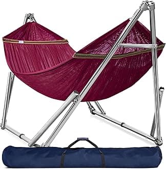 Tranquillo Double Hammock with Stand 650lb Capacity Double Hammock with Spreader Bar, Solid Grade 201 Stainless Steel 30s Set Up, Sturdy Flexible Hammock Stand Portable, Outdoor Indoor, Red