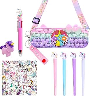 Primo Lines Unicorn Cute 57 Pcs Kawaii Pencil Case Stationary Set For Girls - 1 Multicolor Pen, 4 Unicorn Kawaii Gel Pens, 1 Unicorn Pop It Pencil Pouch, 1 Cute Unicorn Eraser & 50 Stickers