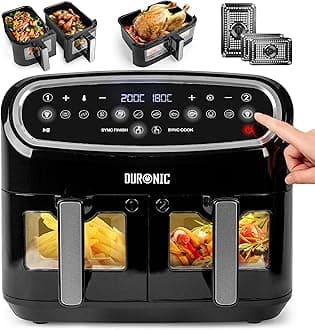 Duronic XXL Air Fryer AF34 BK 10L Digital Family Size Air Fryers Oil Free Triple Drawers 10in1 Dual Zone Extra Large AirFryer for Family Cooking with Dishwasher Safe Non-Stick Baskets Black