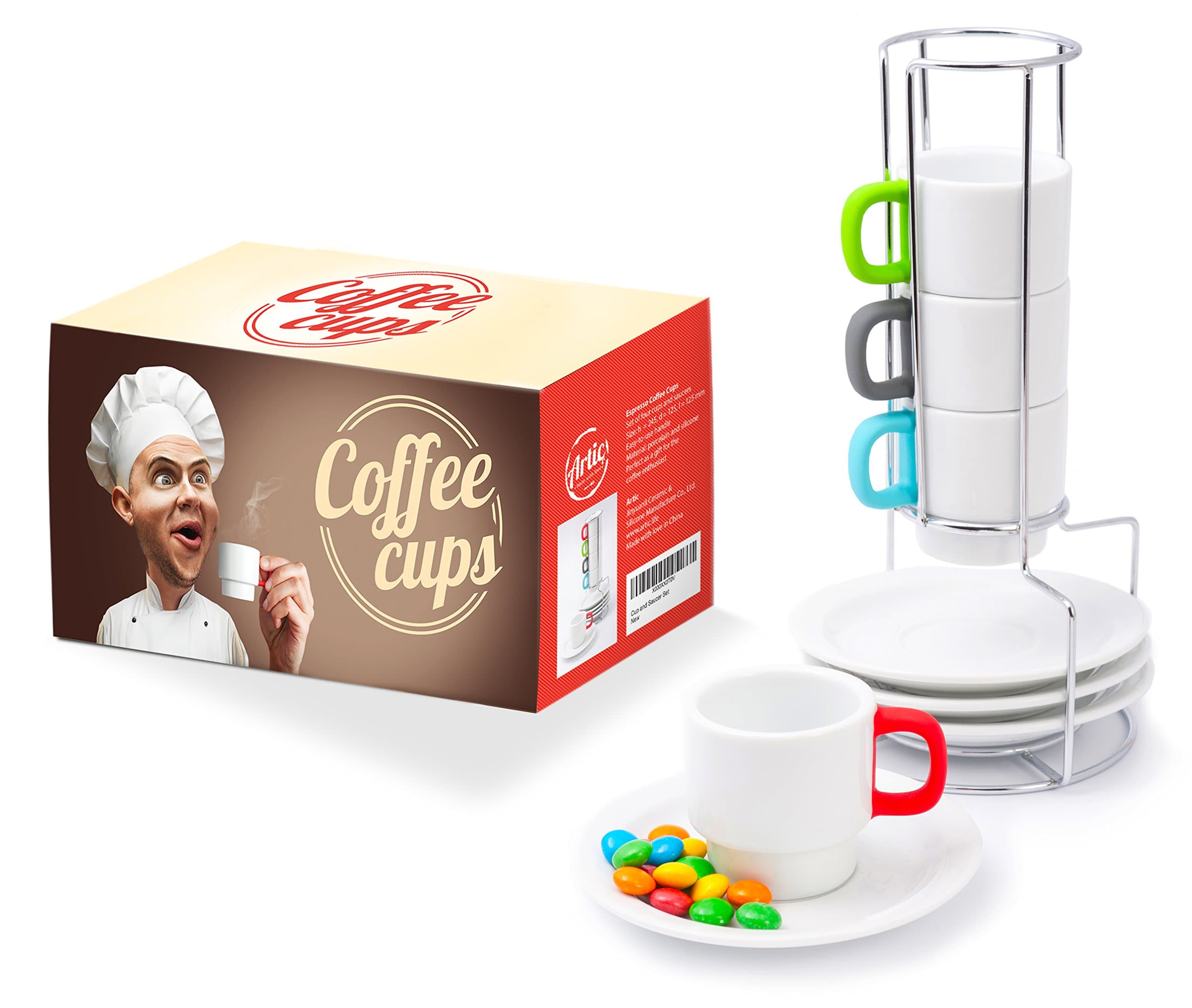 Doubleshot Espresso Coffee Cup Stackable Set – White Porcelain Demitasse Cups for Lungo Doppio and Turkish Coffee – Multicolor Handles Protect from Burn – 4 Cups 70ml / 2.4oz and Saucers – Chrome Rack