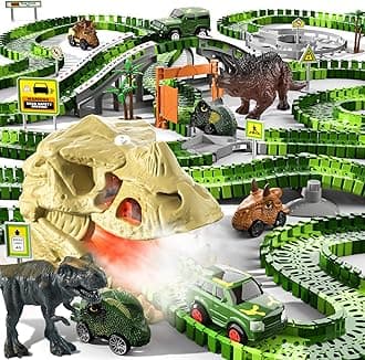 iHaHa Dinosaur Race Car Track, 249 PCS Toys for Kids Boys Ages 2-6, Green Dinosaur Track Set with Lights, Sound & Spray