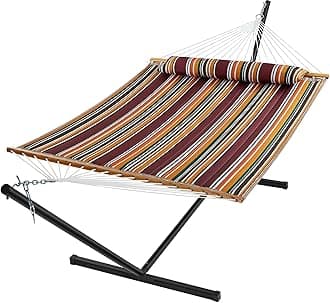 SUPERJARE Hammock with Stand, 2 Person Quilted Outdoor Hammock, Detachable Pillow & Bamboo Spreaders, Portable Hammock with Carrying Bag, Heavy Duty Stand, Perfect for Outside, Patio, Maple-Leaf Red