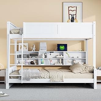 Full XL Over Queen Bunk Bed with Storage Shelves and USB Ports,Wooden Bunker Bed Frame and Underneath Bookshelf,No Box Spring Needed,Kids,Adults-Antique White
